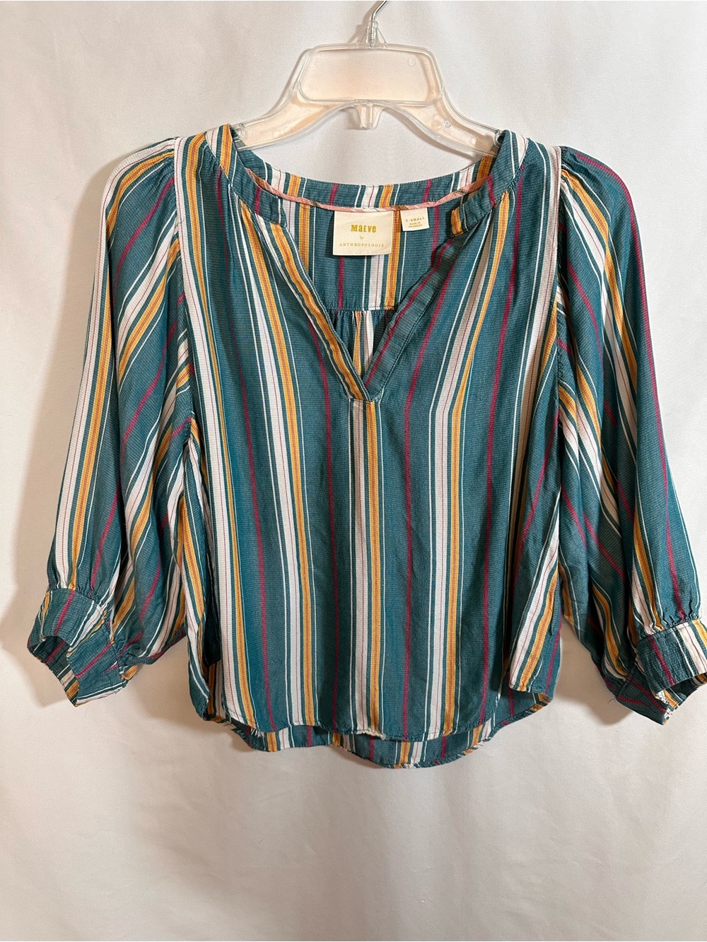 Anthropologie Maeve Striped Puff Sleeve Henley Blouse Teal Multi Size XS
